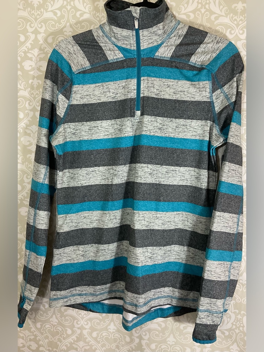 Lands’ End Women's Striped Pullover Top Small Teal Gray Activewear 1/4 Zip